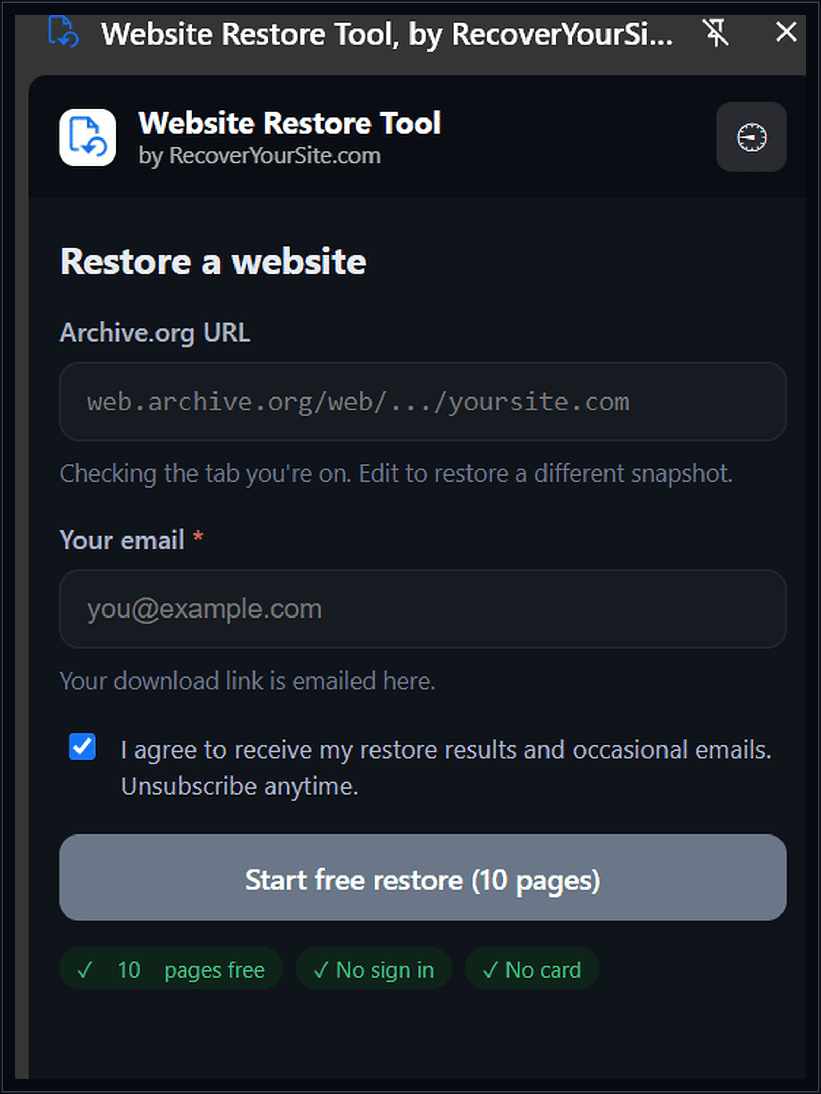 Website Restore Tool restore form with the archive.org URL auto-filled