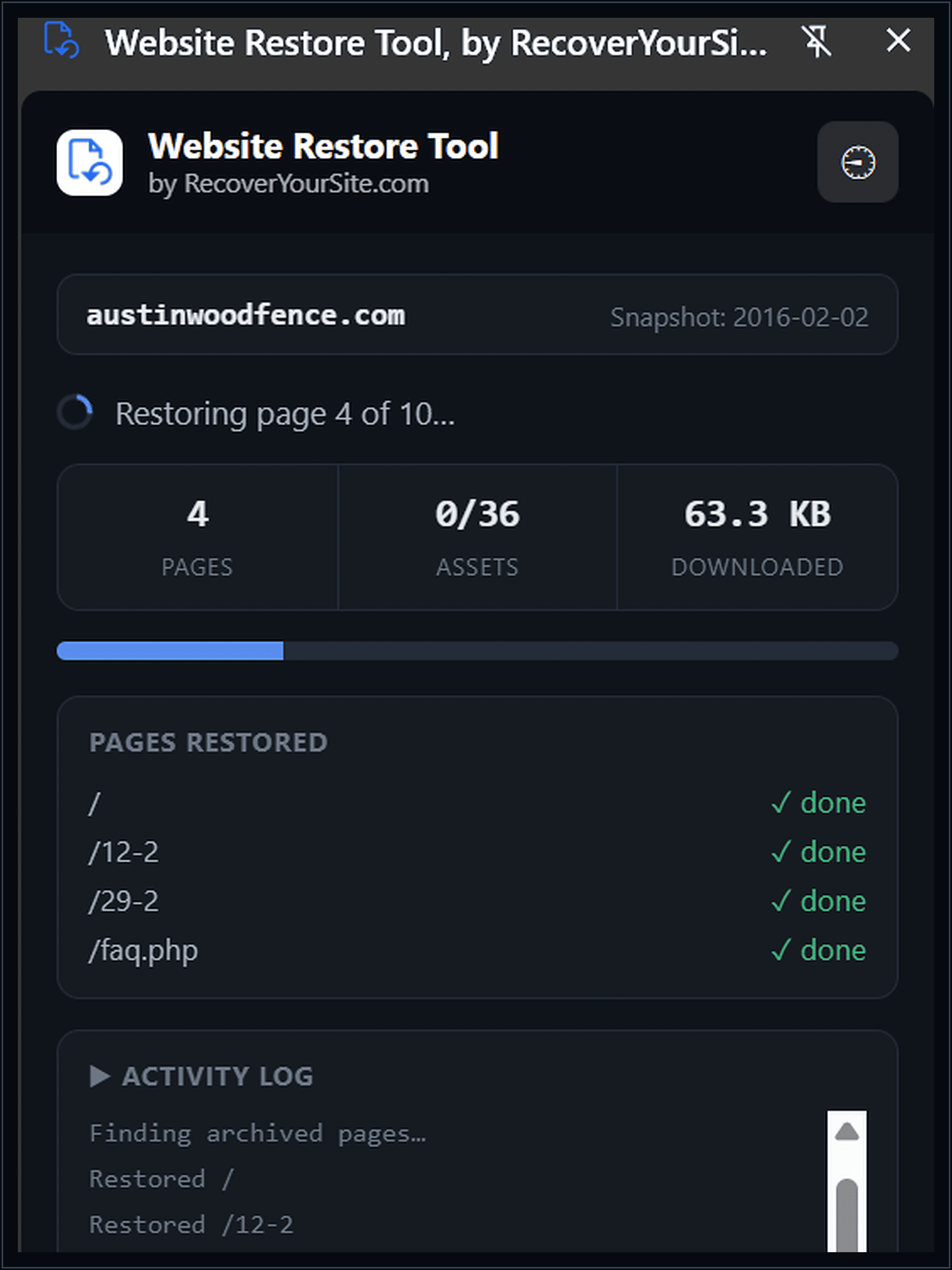 Website Restore Tool showing live progress restoring page 4 of 10