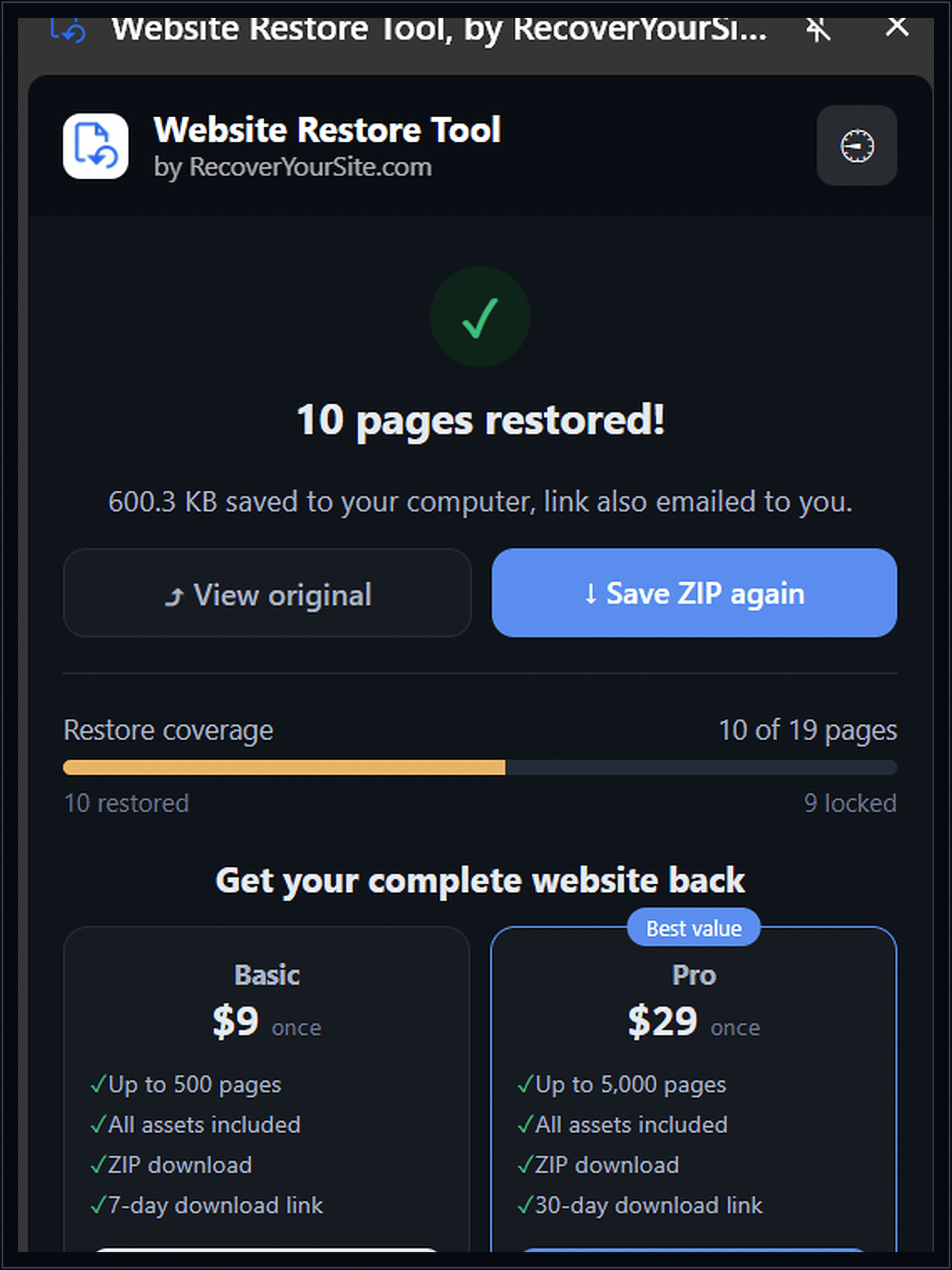 Website Restore Tool showing 10 pages restored with Basic and Pro upgrade options